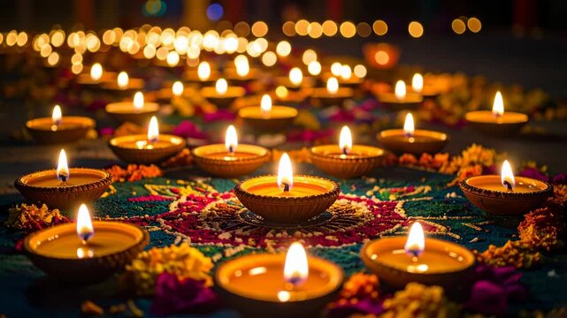 Rows of illuminated diyas with soft bokeh lights in the background during a festival celebration