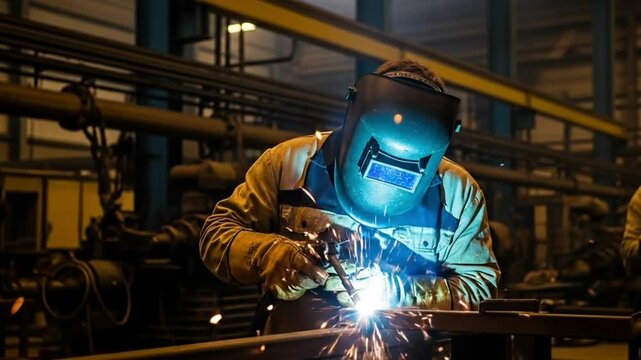A welder sparks creativity in a bustling industrial workshop.