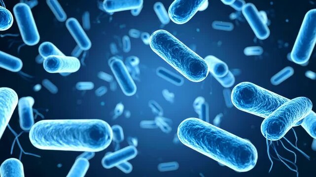 Microscopic rod-shaped bacteria with flagella shown in blue hue on dark background