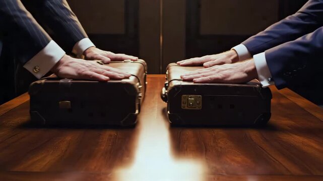 Caucasian executives press hands over briefcases on polished table, dimly lit room, synchronized grip, locked latches, ritual exchange, silent negotiation, highvalue transaction, corporate thriller