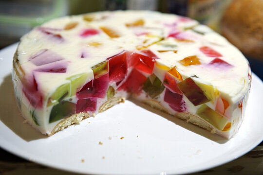 A close-up of the jelly dessert known as "broken glass" or "gems"
