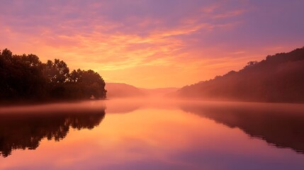 Obraz premium A vibrant misty sunrise casts warm orange and pink hues over a tranquil lake reflecting the colorful sky and forested hills