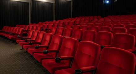 Fototapeta premium Perspective view of empty red velvet seats in a dark cinema hall with plush chairs receding into the distance for a cinematic movie theater experience.