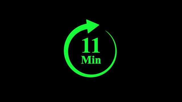 Animated green 11 minute timer with circular arrow indicating time progression on black screen background for video projects