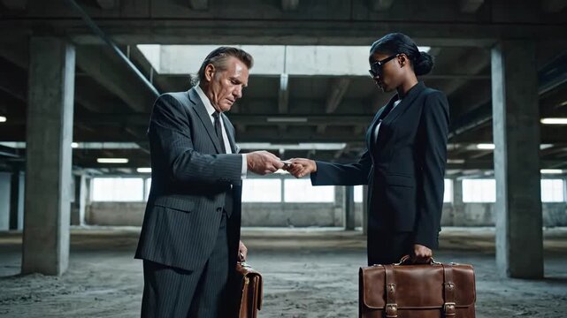 Executive businesswoman exchange briefcases dim parking garage, tense covert meeting under fluorescent lights, leather cases on concrete floor, sunglasses and tailored suits, envelope handover