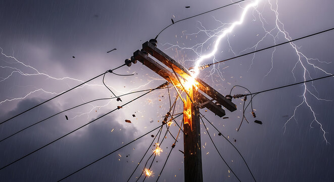 An intense lightning bolt strikes a wooden utility pole with sparking electrical wire against a dark stormy sky during a powerful thunderstorm and dangerous energy discharge.