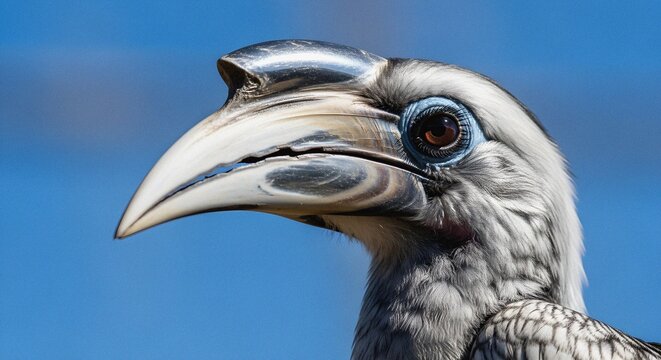 African Grey Hornbill Thoughtful Stare Against Vibrant Blue Sky With Striking Beak Detail In Crisp Light