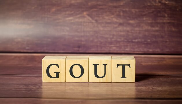 Gout word on wooden blocks on rustic table background, medical concept for arthritis pain, uric acid, inflammation and diagnosis featuring hyperuricemia, urate, urate crystals with swelling and flare