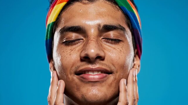 Young man enjoying skincare routine with rainbow headband. He smiles happily while moisturizing face. Bright atmosphere represents self-care and positivity.