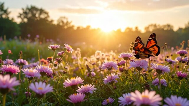 Monarch butterfly resting on pink aster flowers during golden hour sunset