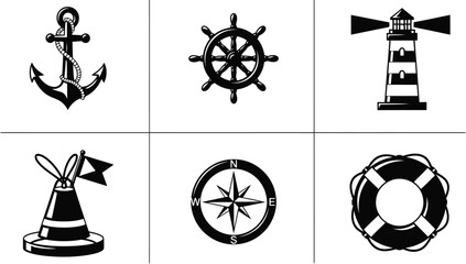 Nautical vector silhouette set with anchor, lighthouse, compass, lifebuoy, helm, and buoy icons © artificial_azad!