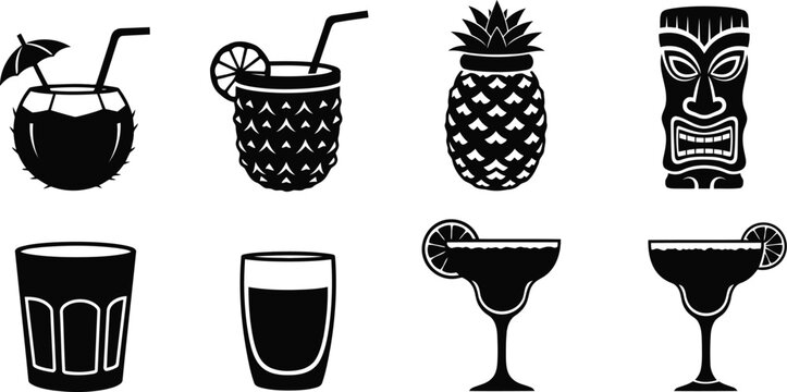 Tropical cocktail drinks vector silhouette set with tiki, pineapple, coconut, margarita glasses