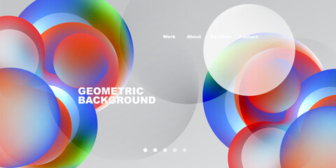 Fototapeta premium Abstract circles overlap, creating vibrant color gradients. Minimalist design features text, navigation elements on dark background.