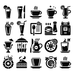 Minimalist black coffee and food icons set for ui design