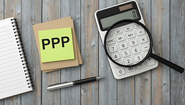PPP loan concept with calculator, magnifying glass and sticky note on wooden desk for small business financing and accounting featuring Paycheck Protection Program, financial aid, stimulus with