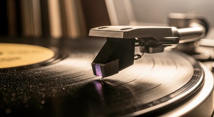 Vintage Turntable Needle on Spinning Vinyl Record - Close Up