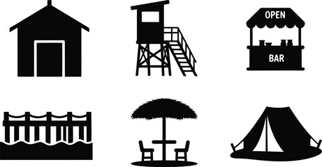 Obraz premium Beach and Camping Vector Silhouette Icons Set for Summer Outdoor Activities