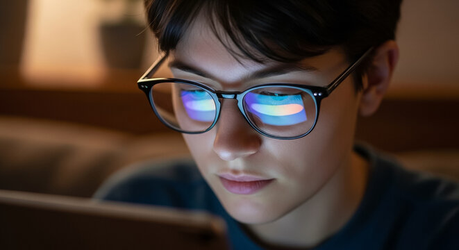 Young person wearing blue light filtering glasses looks intently at a glowing digital tablet screen in a dimly lit room.