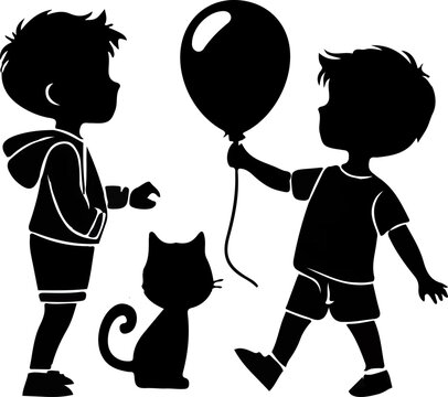 Silhouette of Two Boys Playing with a Balloon and a Small Cat, Childhood Friendship Vector Design
