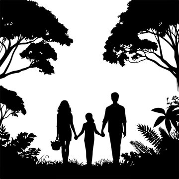 Family silhouette walking together in nature landscape black vector illustration