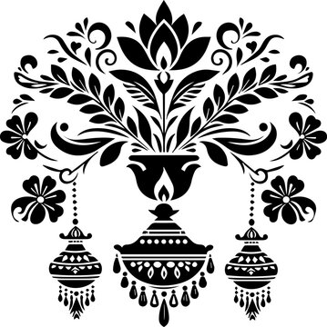 Traditional Decorative Floral Ornament with Oil Lamps and Diya Vector Art