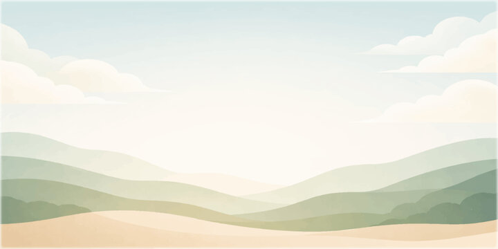 A beautiful summer landscape featuring green grass meadows and rolling hills under a blue sky with white clouds and majestic mountains on the horizon at sunset