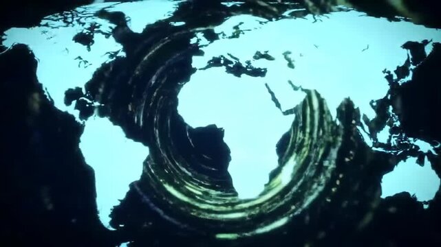 A stylized world map within a textured, dark frame, with continents in a contrasting bright blue. The earth is the primary subject