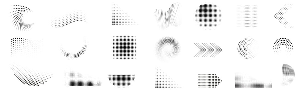 Gradient halftone shape set. Dotted shape. Abstract halftone dot pattern with half tone gradient shapes. Vector illustration