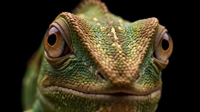 Close-up Macro Shot of a Green Chameleons Face.