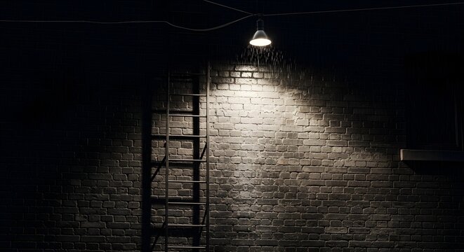 Ladder against brick wall illuminated by single light at night.