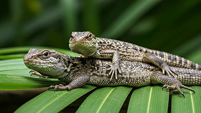 Two lizards resting on green leaves in a tropical setting.