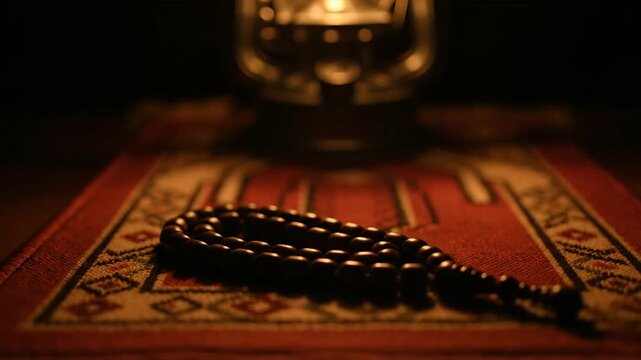 Prayer Beads on Decorative Mat with Candle.