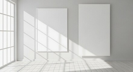 Obraz premium Empty White Canvases Mockup Presentation in Bright Contemporary Room with Geometric Sunlit Floor Shadows