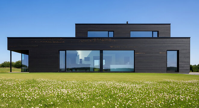 Contemporary black residential architecture showcase charred timber cladding exterior minimalist dark facade design with floor-to-ceiling glass windows luxury dwelling yard landscape