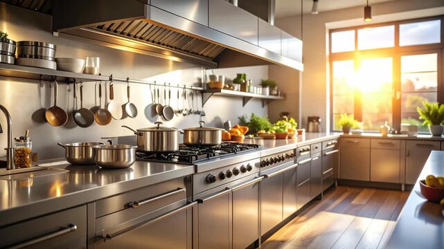 Professional stainless steel kitchen with gleaming surfaces and sunset light flooding through the window