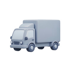 A 3D rendered gray delivery truck, side view, against a black background