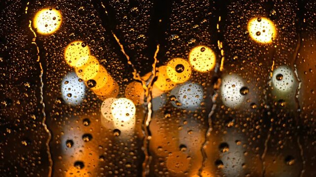 Rainy Night City Street Lights Reflections.