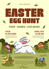 Happy Easter Egg Hunt Event Flyer with Bunny Jumping in Garden. Vector Illustration