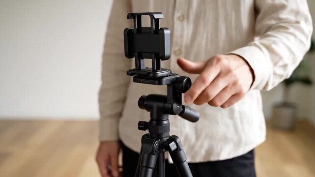 Close up shot of a person adjusting a black portable smartphone tripod mount securely attached to a compact photography stand preparing for video recording or streaming.