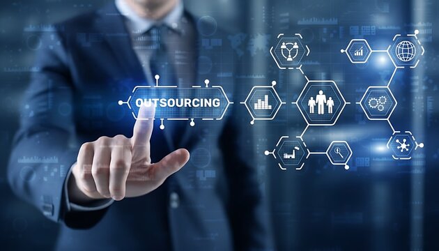 Outsourcing concept with businessman pressing virtual interface button, global network icons and digital transformation strategy featuring business, corporate, management with globalization and