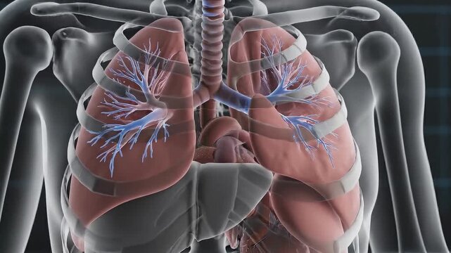 Detailed 3D rendering of human lungs and respiratory system showcasing intricate bronchial tree and rib cage structure for medical illustration