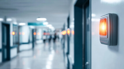 Hospital corridor with an illuminated orange alert light, symbolizing a medical emergency and urgent care in a modern clinic environment