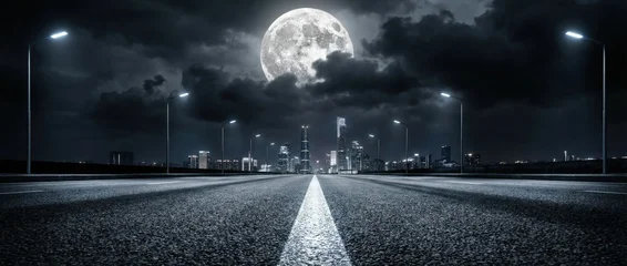 Moonlit road adventure urban cityscape night photography dramatic atmosphere wide angle view mystical journey under the full moon with cloudy sky © BIZTECHART