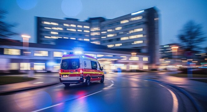 Emergency Ambulance Speeding Urgently to Hospital Entrance Driveway with Dynamic Panning Motion Blur at Blue Hour