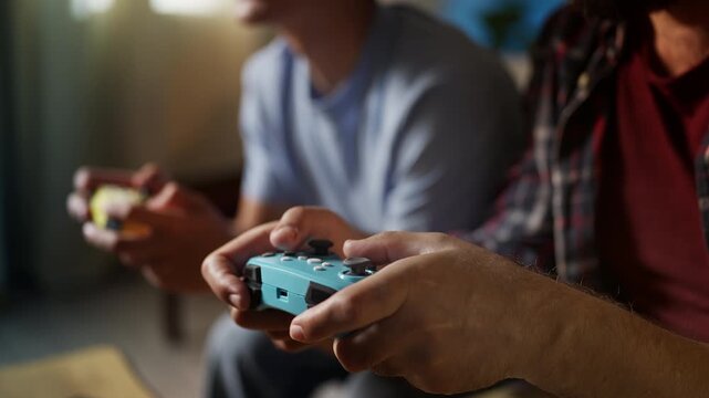 Excited middle-aged father and his teenage son playing video game with joysticks
