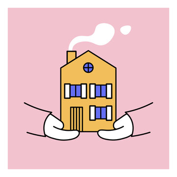 Minimalist flat vector illustration of two hands carefully holding a small yellow house on a pink background. For real estate, home insurance, mortgage, property investment
