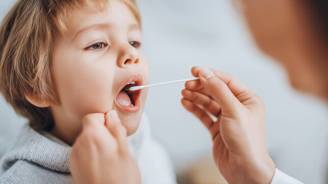 Young child with open mouth getting an oral swab by a person, representing pediatric healthcare and testing for illness