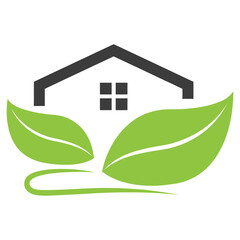 Eco-friendly minimalist house icon with green leaves
