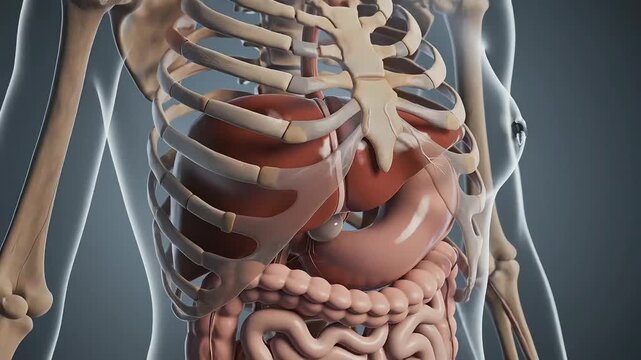 Detailed 3D anatomical visualization of the human digestive system and rib cage, showcasing internal organs and skeletal structure with realistic rendering