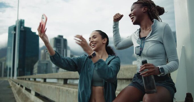 Fitness, friends and women with selfie on city road, post workout picture and social media update. Runner, flexing and people with smile for complete training, bonding memory and review photography